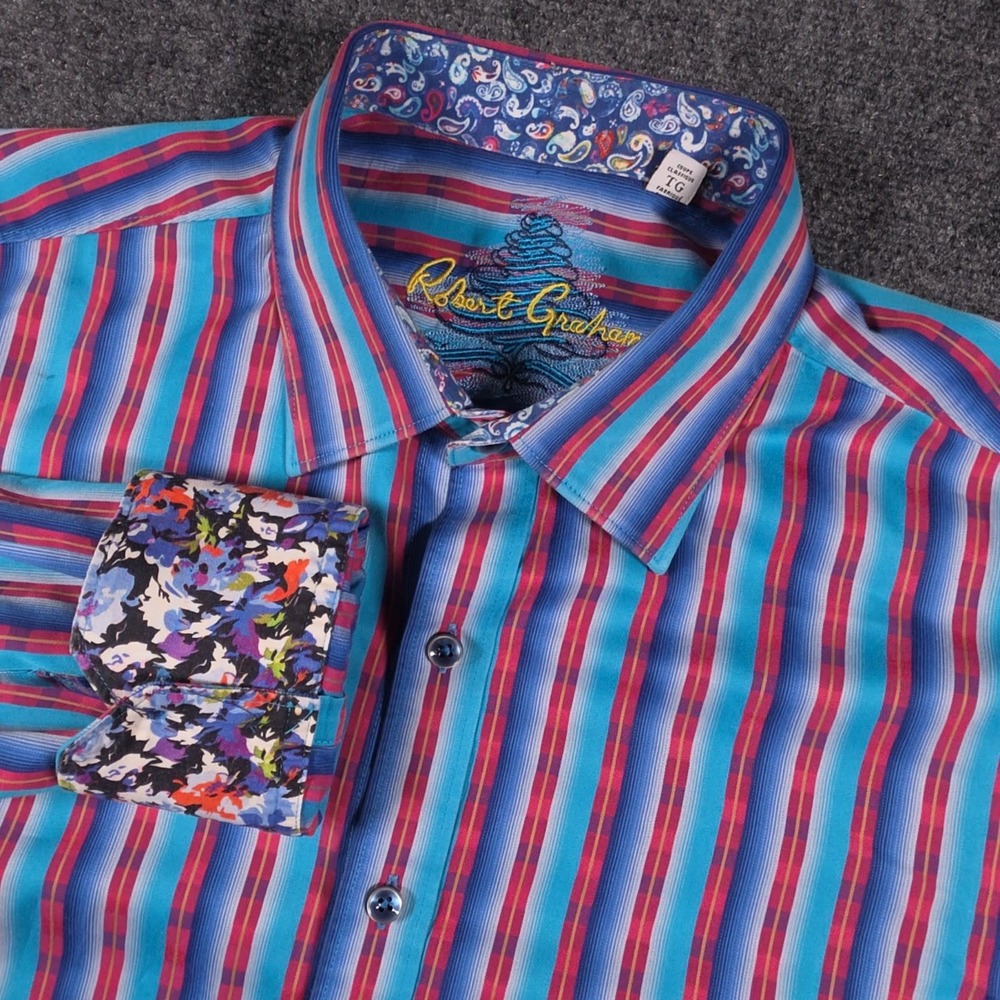 Robert Graham Shirt Mens XL Striped Classic Fit Button Up Floral Flip Cuff